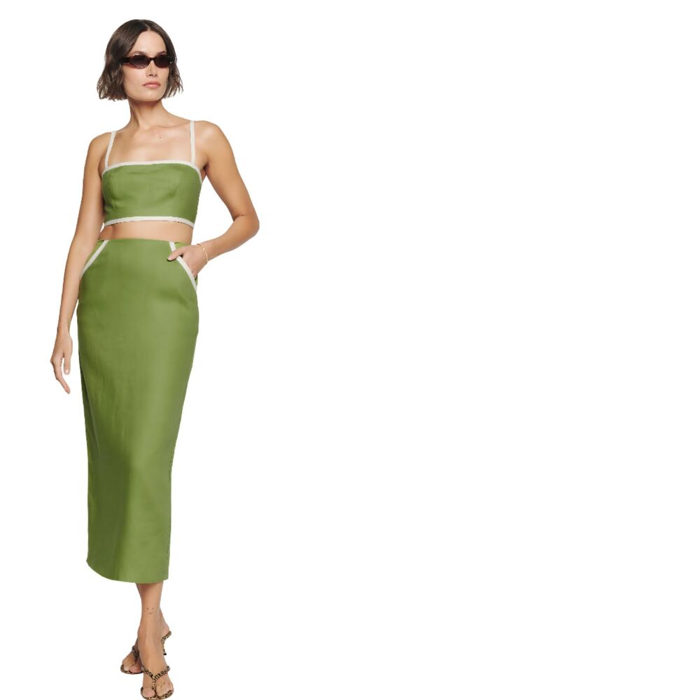 House of Harlow EUC Linen Contrast Crop Top Olive Green Ivory Trim Square L